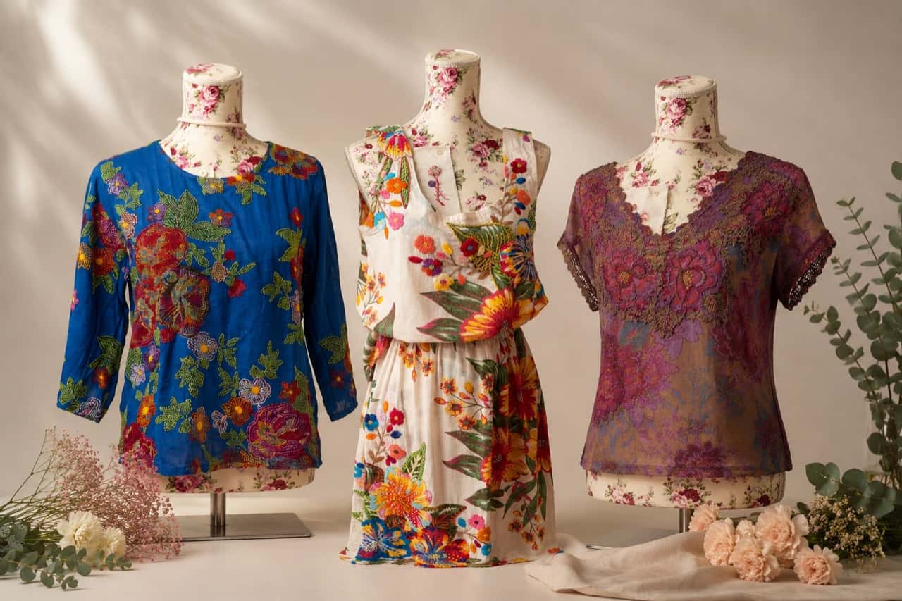 Blusas bordadas em chita exibidas em manequins